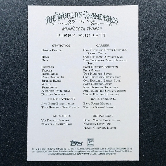 Kirby Puckett - 2021 Topps Allen and Ginter #146 - Picture 2 of 2